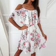 New Sexy Printed Chiffon Off-The-Shoulder Fashion Dress For Spring. - Burgundy - View 6