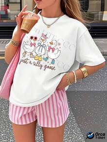 Camiseta Gráfica con Estampado de Gansos Kawaii Manga Corta Casual Streetwear Estilo Japonés Urbano Ropa de Mujer Alternativo Uso Diario Blusa - Blanco - Ver 1