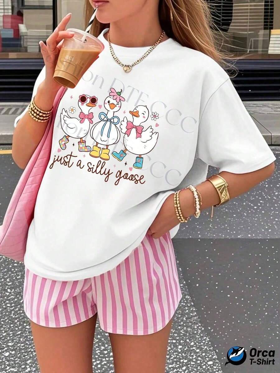 Camiseta Gráfica con Estampado de Gansos Kawaii Manga Corta Casual Streetwear Estilo Japonés Urbano Ropa de Mujer Alternativo Uso Diario Blusa - Blanco - Ver 1