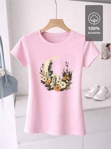 SHENDY VENDY Women's T-Shirt, 100% Cotton, Short Sleeves, Round Neck, Soft And Comfortable. Botanical Design With A Floral Crescent Moon, Natural And Elegant Style. - 粉色 - 查看 2