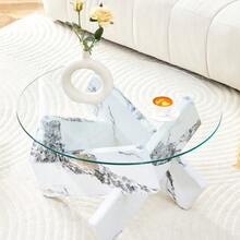 Round Coffee Table In MDF And Glass (Colors Of Your Choice): Textured Grey Cross Legs, Simple And Modern Style. Diameter: 79 Cm, 0.8 Cm Thick Tempered Glass Top. - White - View 6