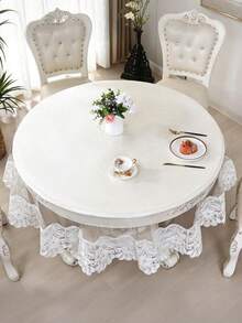 1pc White Floral Lace Round Tablecloth, Vintage Hollow Embroidery Tulle Tablecloth, Elegant Dining Table Decor For Wedding, Banquet, Home Kitchen - White - View 8