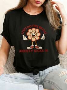 Soft Cotton Summer T-Shirt, Women's 100% Cotton Printed Casual T-Shirt - Act Before Anxiety Sets In, This Black Casual T-Shirt Features Yellow Flowers And A Print Design - 黑色 - 查看 1