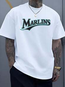 local   1 camiseta deportiva para hombre con logotipo gráfico, estilo streetwear, 100% algodón, camiseta inspirada en los Marlins, estampa - Blanco - Ver 1
