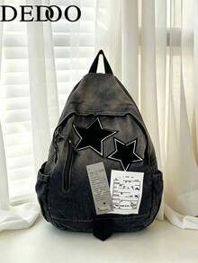 Dedoo Washed Denim Backpack With Star Patch Label Detail, Y2K Punk Style Large Capacity Casual Daily Backpack, Suitable For Teenagers' Everyday Streetwear - Multicolor - View 1