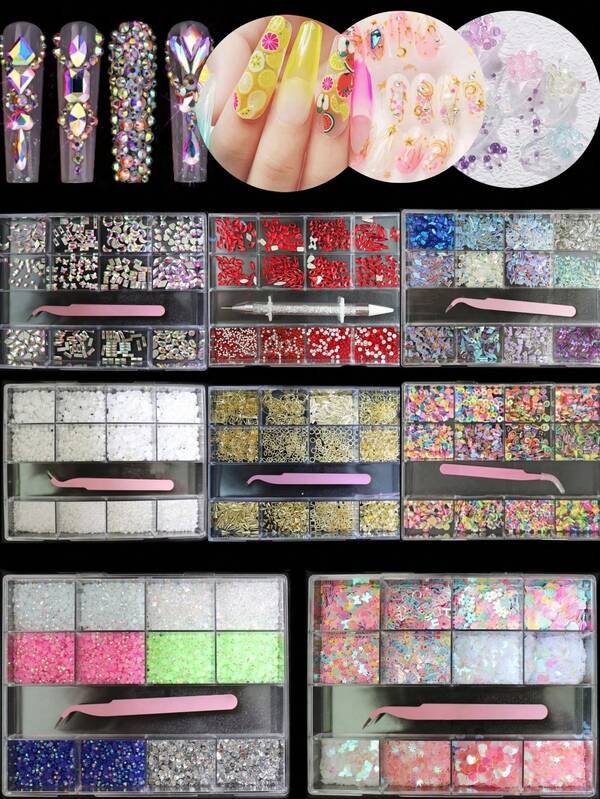 13-Grid Luxury Gift Set Nail Art Decoration Rhinestone Studs Resin Pearls Glitter Combination Set