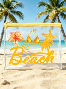 防水 PVC 比基尼與海星「Beach」字母印花沙灘包、PVC 化妝包、拉鍊式 PVC 旅行收納包，輕量耐褪色化妝盥洗包，適合女性與男性，TSA 認證便攜化妝收納盒，易清潔設計，適合母親、老師、朋友、護理師，學校假期度假必備盥洗包，母親節禮物，旅行必備，夏季必備 - 彩色 - 查看 8