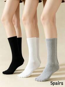 5 Pairs Men's White Mid-Calf Socks, Odor-Resistant, Sweat-Absorbent, Cotton, Skin-Friendly, Comfortable, Solid Color, Versatile, Business Black Long Socks, Spring Casual Student Sports Socks - Multicolor - View 29