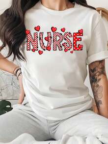 Camiseta Estampada de Mujer de Manga Corta, Moda para Salir de la Ciudad, Camiseta Casual de Mujer con Estampado de Corazón de Enfermera, Suave y Cómoda, Regalo para el Día de la Enfermera, - Blanco - Ver 1