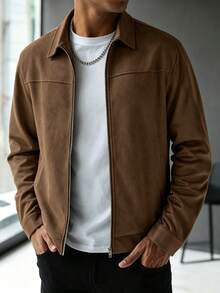 1 buah Jaket Suede Pria Warna Polos dengan Resleting, Kerah Klasik, Pakaian Luar Kasual Ringan, Lengan Panjang Warna Polos untuk Pemakaian Sehari-hari di Musim Gugur - Coklat - View 3
