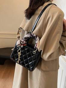 女款高級紋理漆皮手提包，時尚新款迷你絎縫方形單肩斜挎包，秋冬熱門款 - 黑色 - 查看 3
