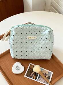 Cute Heart Quilted Makeup Bag Light Blue Polka Dot Cotton Cosmetic Organizer Case Portable Large Capacity Travel Toiletry Bag With Inner Mesh Pocket - Baby Blue - View 13