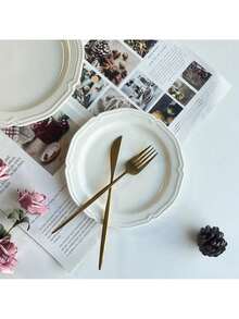 Haus Hana 1pc Ins Chic Embossed Ceramic Plate, 8-Inch Steak Plate/10-Inch Pasta Plate/10-Inch Fine Dining Dessert Plate, Lightweight Elegant Cream White Dinnerware Christmas Gift - Beige - View 4