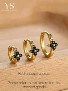 3pcs Black Flower Micro-Pave Cubic Zirconia Copper Ear Cuffs, Earring Set Minimalist Elegant Layered Creative Matching Jewelry - Black Three-piece Set - View 4