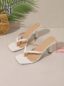 Women's High Heel Sandals, Non-Slip Slimming Soft Sole Printed Square Toe Thong Strap Kitten Heel Slippers, Flip Flops - White - View 10