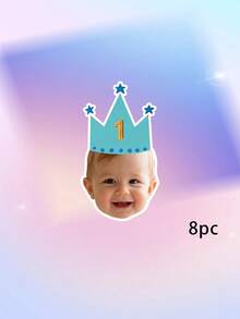 8/12/16pcs Custom Kid Photo And Text 1st Birthday Banner, Pink Blue Beige Crown Number Photo Banner, Customizable Kids First Birthday Party Banner - Multicolor - View 13