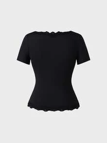 Top de manga corta con cuello cuadrado, estilo casual minimalista elegante básico para uso diario en casa y desplazamientos, ropa de primavera, tops de verano, blusas elegantes para mujer - Negro - Ver 7