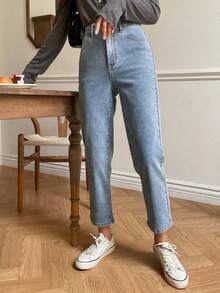 Chaqueta de mezclilla con capucha de manga larga y unicolor minimalista de uso diario para mujer y pantalones vaqueros de mujer - Lavado ligero - Ver 5