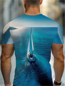 Camiseta para hombre con estampado 3D de velero en escena oceánica, diseño de degradado azul, manga corta, ropa casual, estilo de arte marítimo único, prenda de verano llamativa - Negro - Ver 2