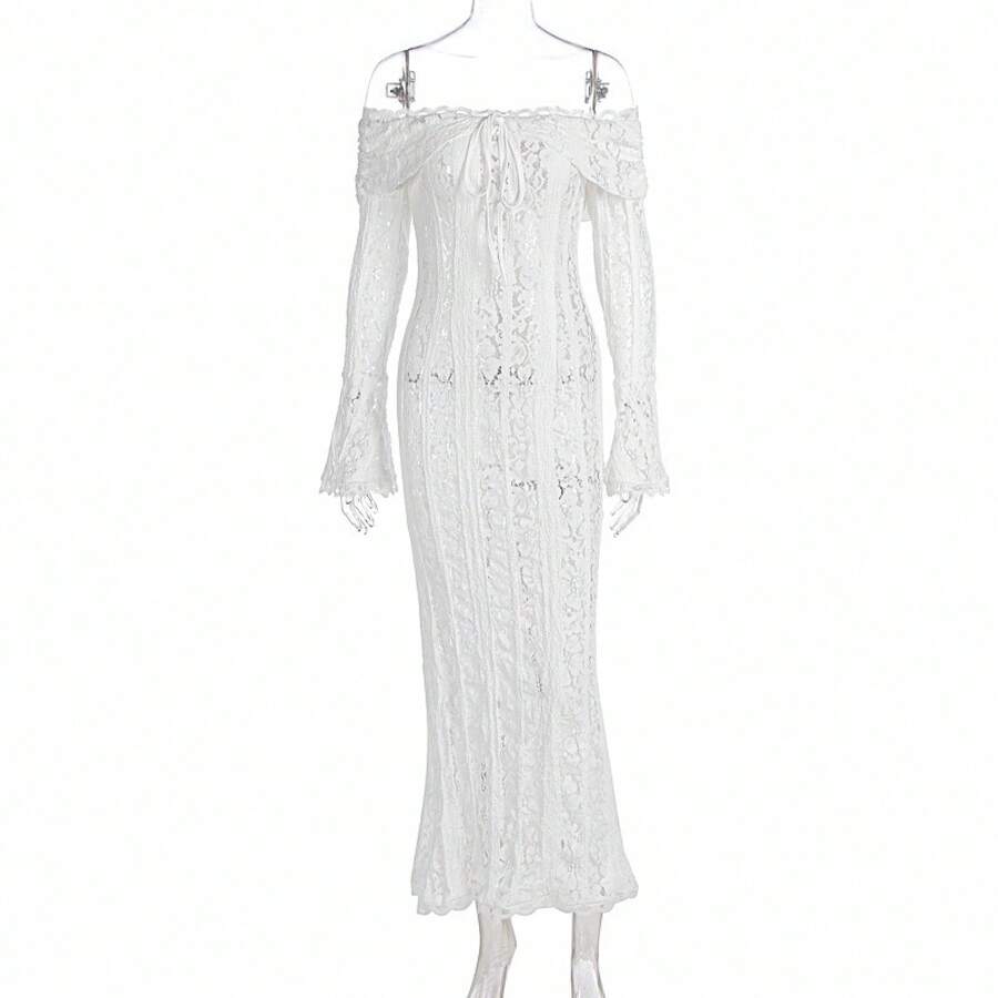 Long French Lace Dress In European And American Style With Bell Sleeves And Strapless Design. - Ivory White - View 1