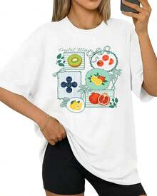 Aiyino Yk2 - Camiseta estampada de gran tamaño para mujer, 100% algodón, linda camisa de frutas, casual, de verano, ajuste holgado - Blanco - Ver 2