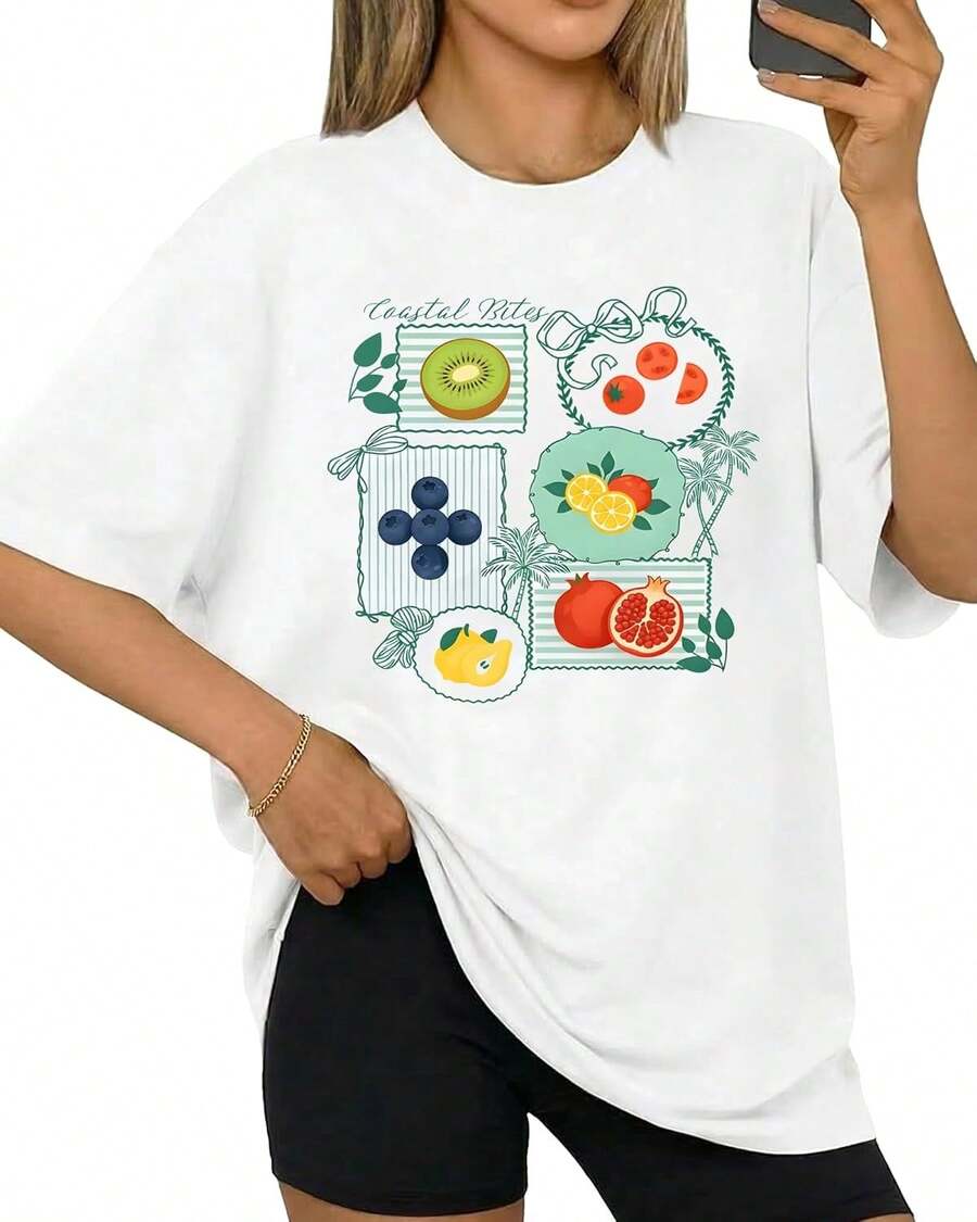 Aiyino Yk2 - Camiseta estampada de gran tamaño para mujer, 100% algodón, linda camisa de frutas, casual, de verano, ajuste holgado