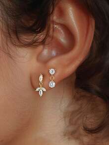 1pc S925 Sterling Silver Tassel Zirconia Geometric Stud Earrings, Fashionable Luxury French Design Women's Ear Jewelry - Geometry 6 - View 3