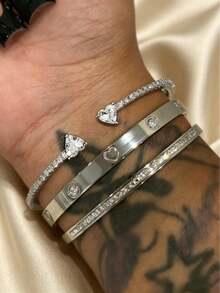 /piezas de pulsera de acero inoxidable chapada en oro de con corazóde diamantes de imitació, brazalete abierto con incrustaciones de cobre y circonita artificial, conjunto de pulse - Plata 8 - Ver 7