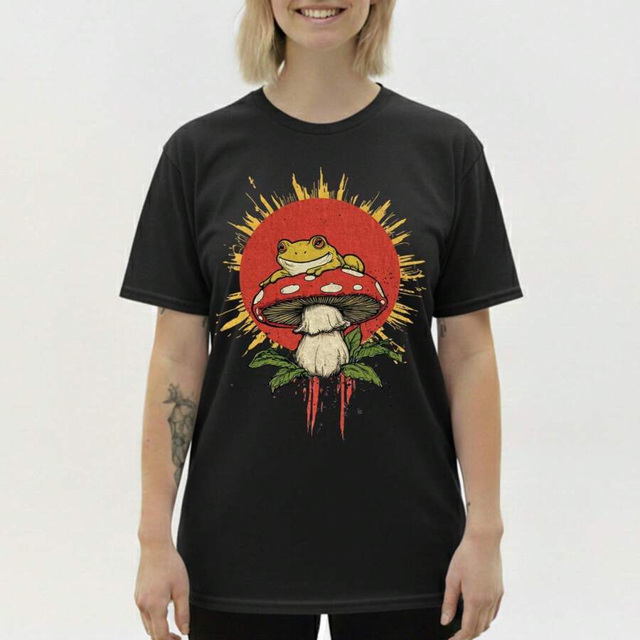 Cute Frog Red Mushroom Cottagecore Nature Retro Tee Gift Men Women Summer Tops Going Out Top Going Out Tops - Black - View 1
