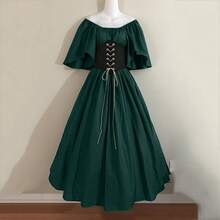 Medieval Retro Style Fitted Dress With Color Blocks, Ruffled Sleeves And A Wide Hem, Ideal For Cosplay And Stage Performances. - Pure Green - View 1