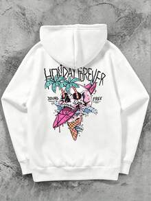 Men's Plus Size Skull Palm Tree Surfboard Back Print Hoodie, Casual Drop Shoulder Long Sleeve Pullover Sweatshirt, Suitable For Outdoor Wear, Autumn/Winter, Back To School Season - White - View 5