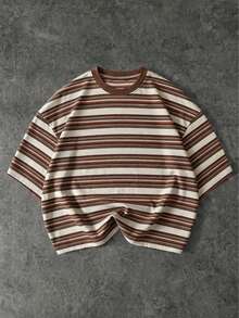 Camiseta casual de hombre FRACTYR de verano, corte boxy holgado, estilo callejero americano high street, con estampado de letras y rayas, cuello redondo, cómoda y transpirable para uso en exteriores - Marrón - Ver 1