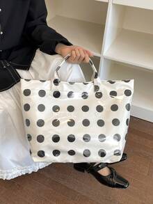 夏季新款波點拼色設計女款托特包，時尚極簡防水 PVC 手提包/度假包 - 黑與白 - 查看 3