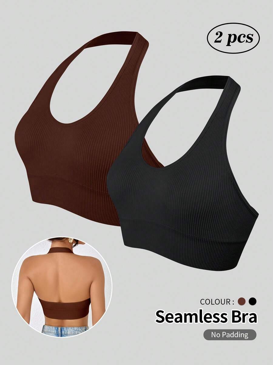 Top deportivo y camiseta de tirantes sin costuras - Top de yoga acanalado tipo halter con espalda abierta - verde menta - Ver 1