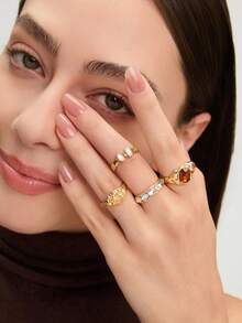 Ashenrae 4pcs/Set Retro Colorful Resin Rings Set For Women, Daily Wear - Multicolor - View 4