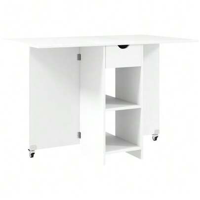 Folding Dining Table, Mobile Kitchen Table For 2 To 4 People With Open Shelves, 1 Drawer, Ideal Folding Table For Small Spaces, Dimensions: 114.5 X 70 X 75 Cm, White