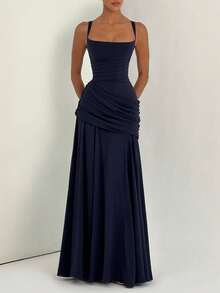 Vestido de verano elegante sin tirantes y ajustado de color amarillo, vestido casual sin espalda y sin mangas con pliegues para fiesta y club para mujeres en bodas - Azul marino - Ver 12