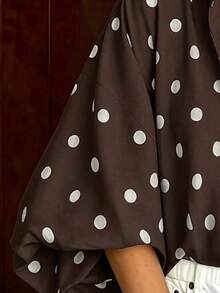 French Vintage Polka Dot Print Shirt, Summer New Loose Puff Sleeve Blouse, Draping Slimming Versatile Commute Casual Slouchy Lapel Cardigan - Brown - View 7