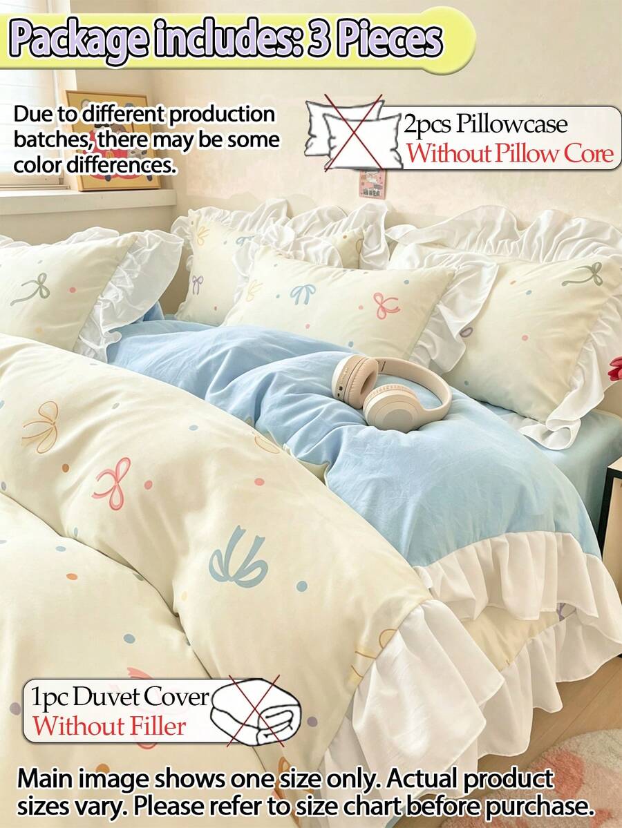 Creamy Girl Style Ruffle Edge Skin-Friendly Brushed Lace Duvet Cover 3 Pieces Set (1 Duvet Cover + 2 Pillowcases, Duvet Insert And Pillow Inserts Not Included), Bedding Set, Comfortable Soft Breathable Versatile, Machine Washable For All Seasons - Blue - View 1