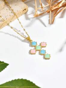 1pc 18k Gold Plated Fresh Style Colorful Enamel Square Cross Necklace, Contrast Candy Color Resin Gold Neck Jewelry, Sweet Jewelry For Daily Summer Outfits, Graduation Season Gift - Gold - View 4