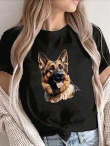 Women's T-Shirt: Short-Sleeved T-Shirt With German Shepherd Print, Durable And Comfortable For Home Or Outdoor Use, Ideal For Casual Wear In The Living Room Or Restaurants. - 白色 - 查看 7