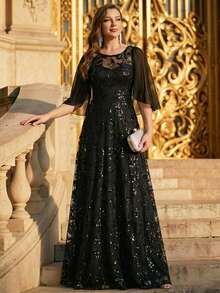 Summer Cloak Sleeves High Quality Sequin A-Line Black Formal Party Evening Dress,Elegant Luxurious Prom Gown,For Birthday,Wedding Guest,For Graduation - 黑色 - 查看 2