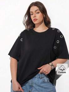 Maija Camiseta holgada de manga corta con cuello redondo y diseño de ojales para mujer de talla grande, estilo urbano moderno y casual versátil, con - Blanco - Ver 7