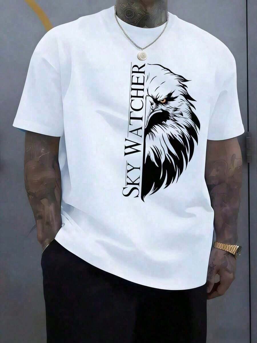 Remera Estampado Águila Gran Cuello Redondo Básica Estilo Urbano Casual Moda Streetwear Y2K Novedad Gráfico - Blanco - Ver 1