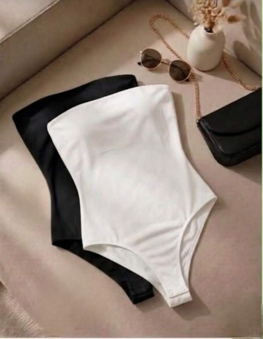 Set Of 2 Strapless Sleeveless Basic Casual Versatile Bodysuits In Spandex Fabric With Padded Cups For Everyday Use - Black and White - View 1