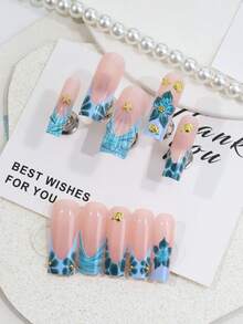 24pcs Medium-Long Trapezoid Reusable Fake Nails, Summer Beach Gradient Pink & Blue French Manicure, 3D Flower, Starfish, Shell, Rhinestone Decor, Suitable For Vacation, Party And Daily Commute - Cadet Blue - View 7