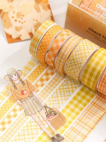 7rolls Vintage Grid Plaid Washi Tape Set, Grid Pattern Hand-Tearable Tape, For Journal Decoration, Gift Wrapping, Back To School, First Day Of School