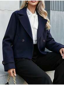 Women's Fashion Lapel Double-Button Short Coat, Long Sleeve Woven Fabric Regular Fit Jacket, Suitable For Autumn/Winter Wear. - Royal Blue - View 7