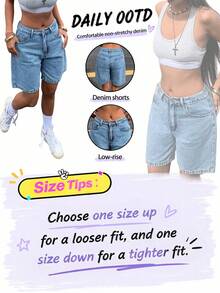Quần short Bermuda denim trơn màu dành cho nữ, kiểu dáng thường ngày, thích hợp cho mùa hè. - Rửa nhẹ - Xem 5