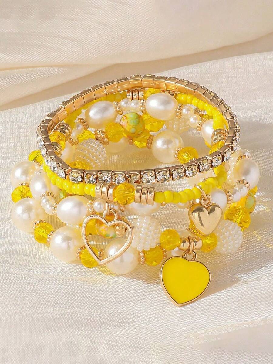 5pcs/Set Shell & Yellow Heart Bracelet Set, Bohemian Style Stackable Design, Suitable For Women, Beach Vacation Casual Wear, Casual Heart Pattern, Perfect Gift - Yellow - View 1